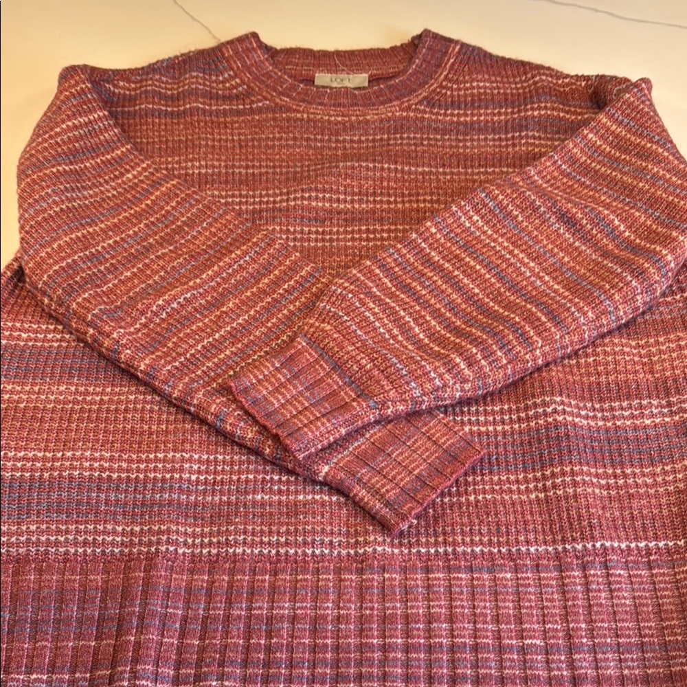 LOFT Red Crewneck Sweater with Variegated Knit